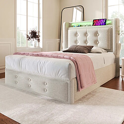 Avis KOMHTOM Lit simple 90x200 cm avec matelas, rangement hydraulique, LED, USB-C, prise, beige