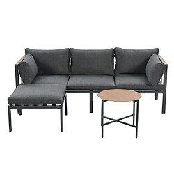 KOMHTOM Salon d'angle jardin canapé table basse repose-pieds acier verre effet bois gris pas cher