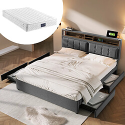 Avis KOMHTOM Lit double 140x200 cm, 4 tiroirs, USB-C, tête réglable, matelas 620 ressorts, Gris