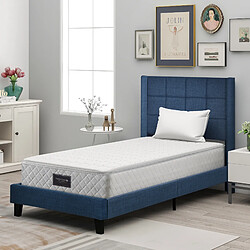 Avis KOMHTOM Lit simple 90x200 cm capitonné lin bleu, matelas ressorts ensachés, cadre acier