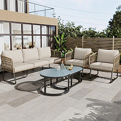 KOMHTOM Ensemble jardin 5 pièces fer galvanisé corde tressée, 2 fauteuils, 2 tables basses beige