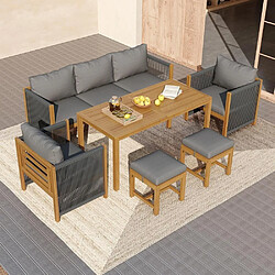 KOMHTOM Ensemble jardin 7 places canapé 3 fauteuils 2 poufs table acacia bois massif gris