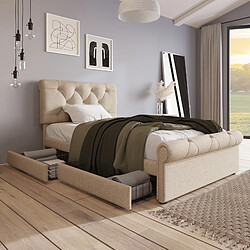 Avis KOMHTOM Lit Simple 90x200 cm, Lin, 2 Tiroirs, Tête Réglable, Chesterfield, Boutons, Naturel