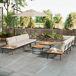 KOMHTOM Ensemble Jardin 6P Galvanisé Acacia, 2 Canapés 2P + 2 Fauteuils + 2 Tables, Coussins Beige