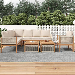 KOMHTOM Canapé d'angle acacia 7-8 places, corde tressée, coussins lavables, 2 tables, beige
