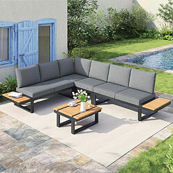 KOMHTOM Canapé Angle Jardin 2 Lits, Inclinaison 55°, Acier Galvanisé, Table Bois, Gris