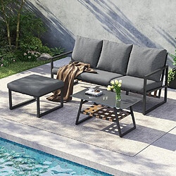KOMHTOM Ensemble jardin 4 pièces canapé 3P, 2 fauteuils, table composite, acier, coussins beige