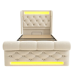 KOMHTOM Lit simple 90x200 capitonné LED 360°, rangement USB-C, hydraulique velours, matelas beige pas cher