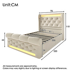Acheter KOMHTOM Lit simple 90x200 capitonné LED 360°, rangement USB-C, hydraulique velours, matelas beige