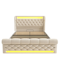 KOMHTOM Lit capitonné velours 140x200, LED, USB-C, rangement hydraulique, matelas inclus beige pas cher