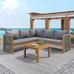 KOMHTOM Canapé angle jardin + table basse, cadre acacia, accoudoirs corde tressée, gris