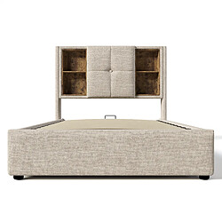 KOMHTOM Lit capitonné 90x200 cm, matelas inclus, sommier à lattes, USB-C, rangement, tissu natural pas cher