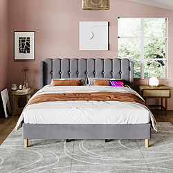 KOMHTOM Lit double 180x200 cm, tête de lit à panneaux, lin, sommier inclus, ports USB-C, gris