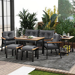 KOMHTOM Ensemble Jardin 7 Places Table Canapé 2P 2 Chaises 2 Tabourets Chariot Acacia Acier Housses