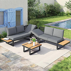 KOMHTOM Canapé Angle Jardin 2 Lits, Inclinaison 55°, Acier Galvanisé, Table Bois, Gris