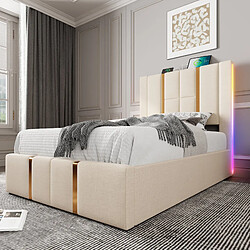 Avis KOMHTOM Lit 90x200cm avec matelas 406 ressorts, coffre hydraulique, LED RGB APP, USB-C, beige