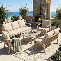 KOMHTOM Ensemble jardin 7 pièces canapé 3+2, 2 fauteuils, table verre, acier, corde tressée beige