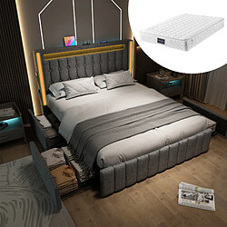 KOMHTOM Lit capitonné 140x200 LED multicolore, tête USB-C, 2 tiroirs, matelas 406 ressorts, gris