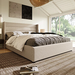 Avis KOMHTOM Lit double 140x200 cm, sommier hydraulique, matelas 620 ressorts inclus, lin, beige