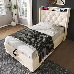 Avis KOMHTOM Lit simple 90x200 cm, LED 360, télécommande, coffre hydraulique, USB-C, blanc