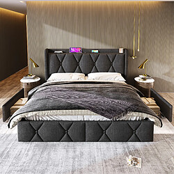 Avis KOMHTOM Lit double 140x200 cm avec matelas, 4 tiroirs, USB, prise, tête rembourrée, lin, gris
