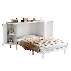 DZMDIP Lit double 140x200cm - Lit mural rabattable, rangements, design rotin, sommier à latte