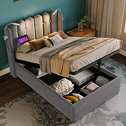 Avis KOMHTOM Lit simple 90x200 cm velours gris, tête hydraulique, rangement, lampe USB, matelas