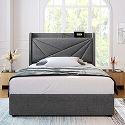 KOMHTOM Lit simple 90x200 cm, cadre acier, matelas 406 ressorts, recharge USB-C, certifié, Gris