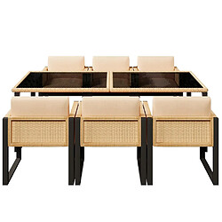 KOMHTOM Ensemble repas jardin 7 pièces rotin PE, 6 fauteuils housses lavables, table verre trempé pas cher