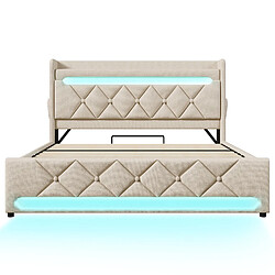 KOMHTOM Lit rembourré 140x200 cm, LED 360°, rangement hydraulique, ports USB-C, lin beige pas cher