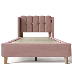 KOMHTOM Lit simple 90x200 cm avec matelas, tête rembourrée lin, USB-C, sommier lattes, rose pas cher