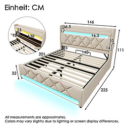 Acheter KOMHTOM Lit rembourré 140x200 cm, LED 360°, rangement hydraulique, ports USB-C, lin beige