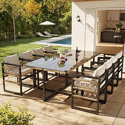 KOMHTOM Salon de jardin 8 places acier, 8 fauteuils coussins beige, table verre sécurité gris