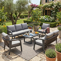 KOMHTOM Ensemble jardin 7 pièces canapé 3+2, 2 fauteuils, table verre, acier, corde, gris