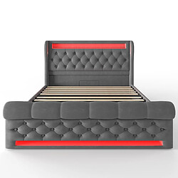 KOMHTOM Lit capitonné 140x200, LED, USB-C, rangement hydraulique, velours, matelas inclus, Gris pas cher