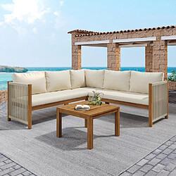KOMHTOM Canapé angle jardin + table basse acacia, accoudoirs corde tressée, cadre acacia beige