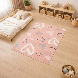 UnAmourDeTapis Tapis enfant 120 x 170 cm, motifs cœurs et smileys, rose poudré, ludique et doux