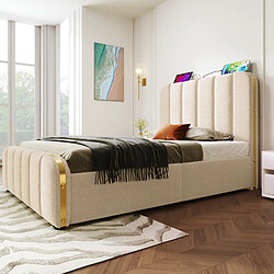 Avis KOMHTOM Lit simple 90x200 cm, tête de lit dorée, USB-C, rangement hydraulique, lin beige