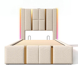 KOMHTOM Lit 90x200cm avec matelas 406 ressorts, coffre hydraulique, LED RGB APP, USB-C, beige pas cher