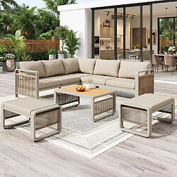 KOMHTOM Canapé d'angle jardin corde tressée 6-7 places, coussins, pieds réglables beige