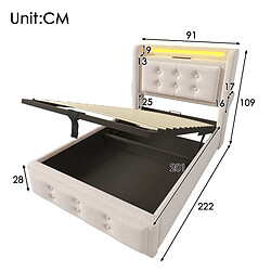 Acheter KOMHTOM Lit simple 90x200 cm avec matelas, rangement hydraulique, LED, USB-C, prise, beige