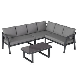 KOMHTOM Salon de jardin angle 6 places corde tressée acier galvanisé table basse verre gris pas cher