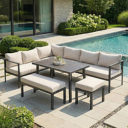 KOMHTOM Ensemble Jardin 9P Angle Acier Galvanisé Plateau Bois Composite Table Bancs Chaises Canapé