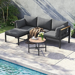 Avis KOMHTOM Salon d'angle jardin canapé table basse repose-pieds acier verre effet bois gris