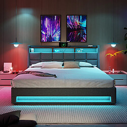 KOMHTOM Lit 140x200cm avec matelas ressorts 620, LED RGB, USB, structure métal et lin, gris