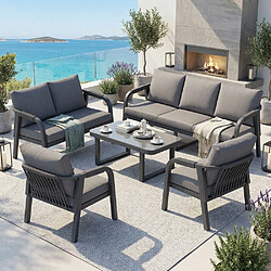KOMHTOM Ensemble jardin 7 pièces canapé 3+2, 2 fauteuils, table verre, acier, corde, gris