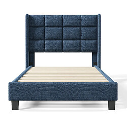 KOMHTOM Lit simple 90x200 cm, tête haute, sommier acier inclus, pieds noirs, bleu lin pas cher