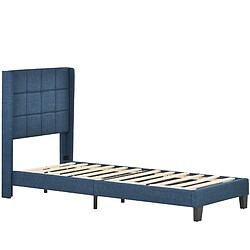KOMHTOM Lit simple 90x200 cm capitonné lin bleu, matelas ressorts ensachés, cadre acier pas cher