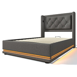 KOMHTOM Lit simple 90x200 cm, LED 3 côtés, télécommande, 2 USB, tête capitonnée, matelas, beige pas cher