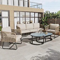 KOMHTOM Ensemble jardin 5 pièces fer galvanisé corde tressée, 2 fauteuils, 2 tables basses beige